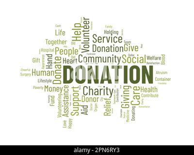 Word Cloud-Hintergrundkonzept für SPENDEN. Wohltätigkeitsförderung, Spenden, Spenden, Spenden, Spenden, Spenden, Spenden, Spenden. vektordarstellung. Stock Vektor