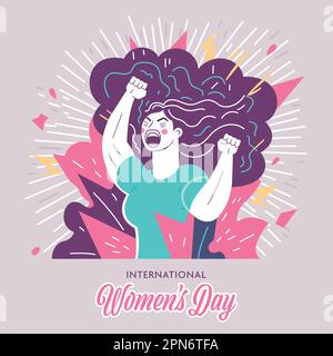 International Women's Day Concept mit Young Woman Character, die schreit und die Fäuste erhebt, im Hintergrund abstrakter Strahlen. Stock Vektor