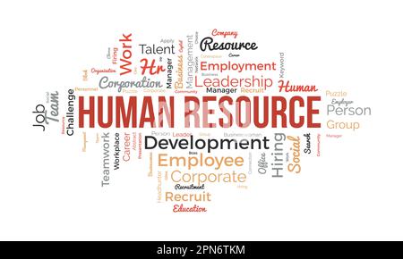 Word Cloud-Hintergrundkonzept für Human Resources. Geschäftsleitung, Entwicklung von Teamwork-Präsentationen durch Mitarbeiter im Unternehmen. vektordarstellung. Stock Vektor