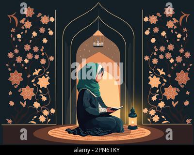 Moslem Woman Character Reading Koran Buch In Sitzender Pose Und Beleuchtete Lampen Mit Blumenhintergrund. Stock Vektor