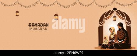 Ramadan Mubarak Banner Design Mit Muslimischer Familie Liest Koran Buch Together Über Hängende Arabische Lampen Dekorierter Peach Hintergrund. Stock Vektor