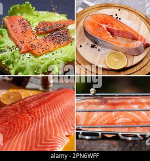 Fischlachs, Fischcollage-Banner. Kreatives Layout aus Meeresfrüchten Stockfoto
