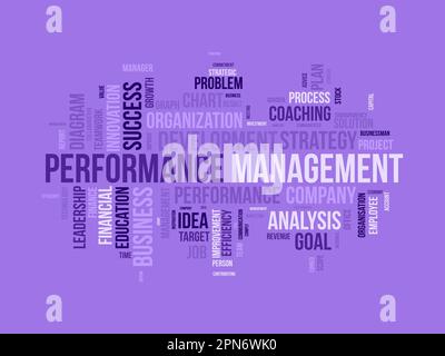 Word Cloud-Hintergrundkonzept für das Leistungsmanagement. Mitarbeiterengagement Fortschrittsstrategie für Business Coaching Effizienz. vektordarstellung. Stock Vektor