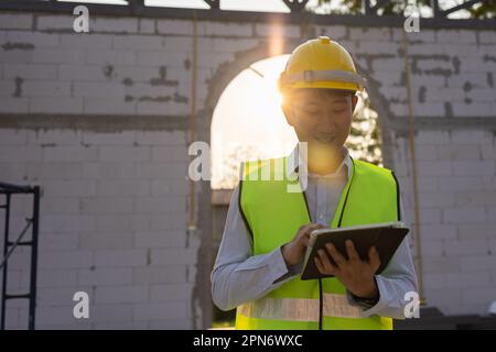 Glücklicher Asiate lächelt in Ingenieuruniform auf der Baustelle, während er ein Tablet in der Hand hält. Junger professioneller Vorarbeiter im Bauwesen am Arbeitsplatz - mit Kopierraum Stockfoto