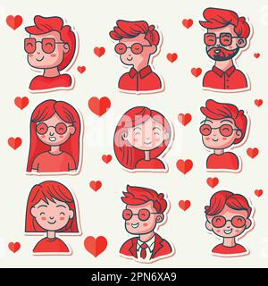 Sticker Style Cartoon Jungen Und Mädchen Figur Mit Herzen In Rot. Love or Valentine's Day Concept (Konzept für Liebe oder Valentinstag) Stock Vektor