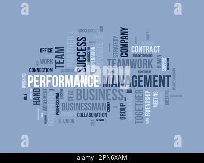 Word Cloud-Hintergrundkonzept für das Leistungsmanagement. Mitarbeiterengagement Fortschrittsstrategie für Business Coaching Effizienz. vektordarstellung. Stock Vektor