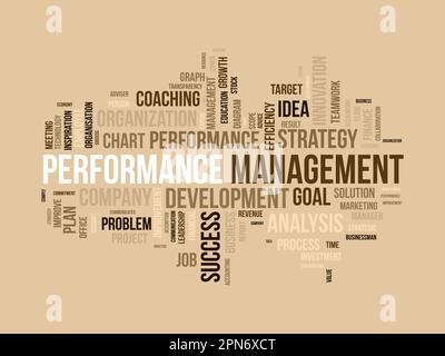 Word Cloud-Hintergrundkonzept für das Leistungsmanagement. Mitarbeiterengagement Fortschrittsstrategie für Business Coaching Effizienz. vektordarstellung. Stock Vektor