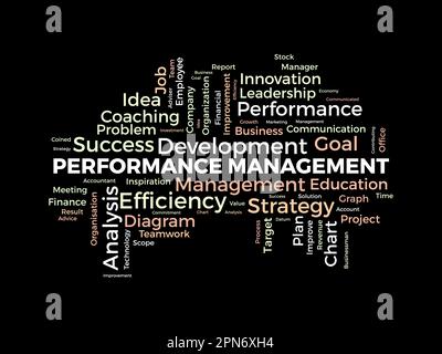 Word Cloud-Hintergrundkonzept für das Leistungsmanagement. Mitarbeiterengagement Fortschrittsstrategie für Business Coaching Effizienz. vektordarstellung. Stock Vektor