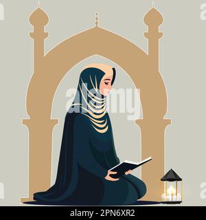 Junge Muslimische Frau, Die Ein Buch Aus Koran In Sitzender Pose Liest, Und Beleuchtete Arabische Lampe Auf Moschee-Hintergrund. Stock Vektor