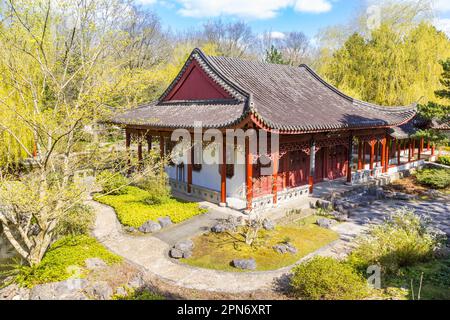 Chinesischer Garten mit Tempel im Hortus botanicus von Haren, Niederlande Stockfoto