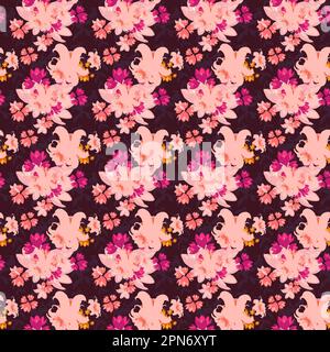 Ein sich wiederholendes Design aus verschiedenen rosafarbenen Blumen auf dunkelviolettem Hintergrund mit kleinen, verstreuten rosafarbenen Blumen. Stockfoto