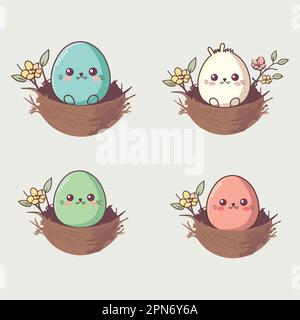 Set mit niedlichem Eiergesicht auf einem flachen Blumennest. Stock Vektor