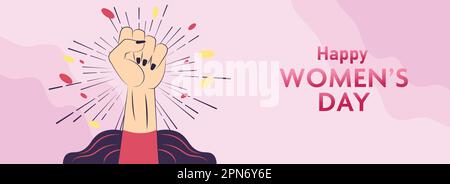 Pop Art Fist erhob Hand auf Pink Fluid Background für Happy Women's Day Concept. Stock Vektor