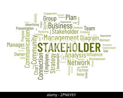 Word Cloud-Hintergrundkonzept für Stakeholder. Mitarbeiterdiagramm, Geschäftsmanagementstrategie der Unternehmensverbindung. vektordarstellung. Stock Vektor