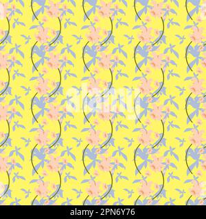 Ein gelber Hintergrund mit pinkfarbenen Blumen und blau-grünem Laub. Stockfoto