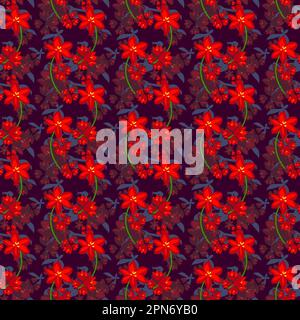 Eine Reihe leuchtend roter Blumen gestapelt auf einem dunkelvioletten Hintergrund Stockfoto