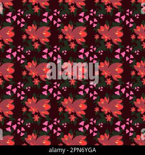 Der auffällige Kontrast von pinkfarbenen und roten Blüten und leuchtend grünen Blättern sorgt für eine atemberaubende Darstellung auf einem stimmungsvollen dunkellila Hintergrund. Stockfoto