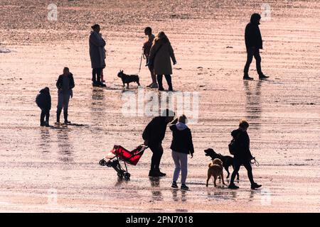 Abendlicht, das Menschen am Fistral Beach bei Ebbe in Newquay in Cornwall in Großbritannien umhüllt. Stockfoto