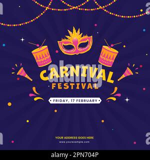 Carnival Festival Posterdesign Mit Partymaske, Trommeln, Vuvuzela, Dekoriert Auf Dunklem Violettrochen Hintergrund. Stock Vektor