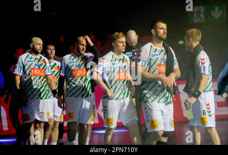 Von links nach rechts Oscar BERGENDAHL (MD), Tim HORNKE (MD), Gisli KRISTJANSSON (MD), Lucas MEISTER (MD), enttäuscht nach dem Finale, Rhein-Neckar Loewen (RNL) vs SC Magdeburg (MD) 36:24 NS, am 16. April 2023 Handball DHB Cup Final Four 2023, vom 15. Bis 16. April 2023 in Köln/Deutschland. Stockfoto