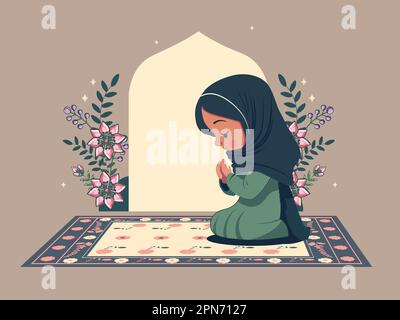 Illustration eines muslimischen Mädchens, das Namaz (Gebete) auf der Matte vor dem Floral Islamic Arch anbietet. Islamisches Eid-Festival Oder Ramand-Konzept. Stock Vektor