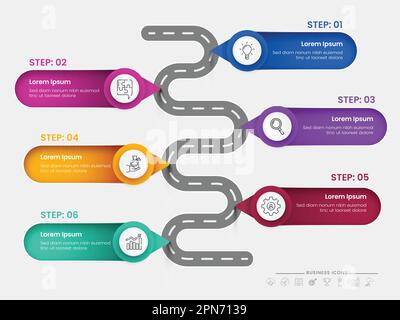 Roadmap Timeline Infographic Report Präsentation Mit Business 6 Symbolen Und Optionen. Stock Vektor
