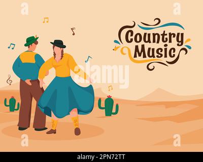 Country Music Poster-Design Mit Gesichtslosen Cowboy- Und Cowgirl-Darbietungen Auf Dem Hintergrund Der Kaktusfarbenen Sandlandschaft. Stock Vektor