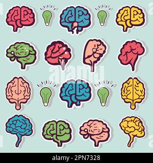 Kollektion von Sticker Brains mit Leuchtelementen. Stock Vektor