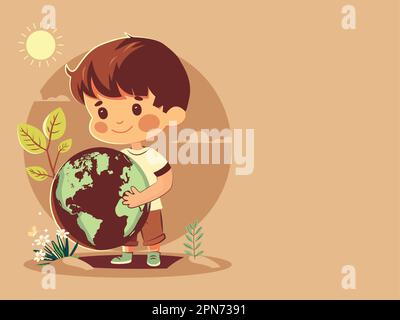 Smiley-Boy-Figur Mit Erdkugeln Auf Dem Hintergrund Von Sun Nature Pastellorange. Save Earth oder World Environment Day Konzept. Stock Vektor