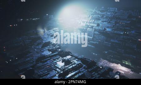 Raumstation in der Nacht, Cyberpunk-Ghetto. Große Stadt auf einem Industrieplaneten. Die Apartments und Zimmer leuchten. 3D-Rendern Stockfoto