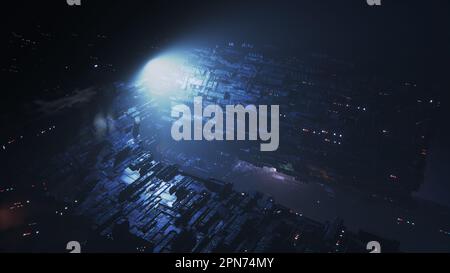 Raumstation in der Nacht, Cyberpunk-Ghetto. Große Stadt auf einem Industrieplaneten. Die Apartments und Zimmer leuchten. 3D-Rendern Stockfoto