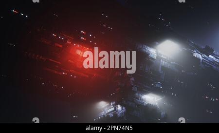 Raumstation in der Nacht, Cyberpunk-Ghetto. Große Stadt auf einem Industrieplaneten. Die Apartments und Zimmer leuchten. 3D-Rendern Stockfoto