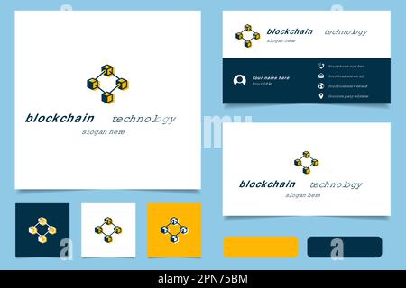 Logo mit Blockchain-Technologie und editierbarem Slogan. Branding-Buch und Visitenkartenvorlage. Stock Vektor