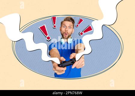 Collage Portrait eines beeindruckten Typen Hold Controller spielt Videospiele mit hartem Dampf Ausrufezeichen isoliert auf beigefarbenem Hintergrund Stockfoto