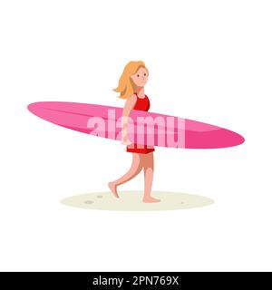 Frau, die am Strand spaziert, mit Surfbrett auf weißem Hintergrund Stock Vektor