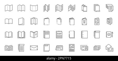 Symbolsatz für Broschürenzeile. Flyer, Katalog, Broschüre, Magazin, Briefkopf, Offenes Buch und andere Polygraphie-Vektordarstellung. Umrisszeichen Stock Vektor