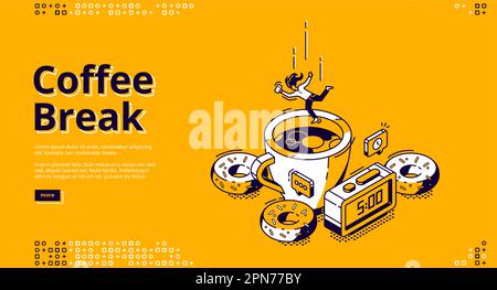 Isometrische Startseite für Kaffeepausen. Ein Mädchen, das auf einen riesigen Becher fällt, mit heißem Getränk, Donuts und Wecker mit 5 Uhr Zeit am Telefon. Geschäftsfrau Frühstück 3D Vektorbild, Strichzeichnungen Webbanner Stock Vektor