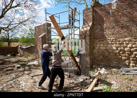 Leconfield Landarbeiter aus Petworth, West Sussex, bauen das neue Nordtor in Hougoumont im April 2015 vor dem Zweihundertjahrstag im Juni zusammen Stockfoto