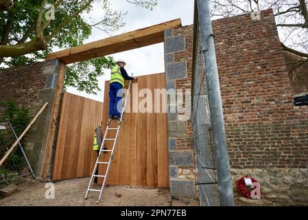 Leconfield Landarbeiter aus Petworth, West Sussex, bauen das neue Nordtor in Hougoumont im April 2015 vor dem Zweihundertjahrstag im Juni zusammen Stockfoto