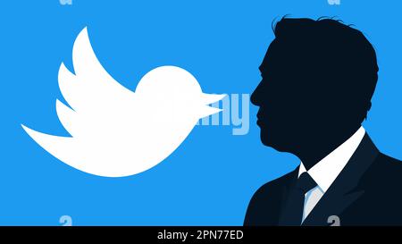 Silhouette von Elon Musk vor blauem Banner mit Twitter-Logo im Hintergrund. Elon Musks Porträt und Twitter-Logo Stock Vektor