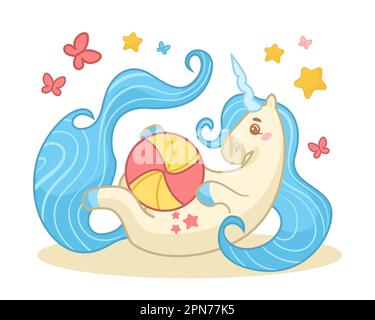 Süßes Einhorn, das mit Ballvektordarstellung spielt Stock Vektor