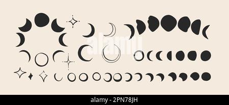 Handgezeichnete Vektorgrafik mit abstrakten Logoelementen, magischer Halbmond, Mondphasen, Sternen, Silhouetten und Strichzeichnungen Stock Vektor