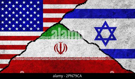 Die USA, der Iran und Israel führen gemeinsam auf einem strukturierten Hintergrund Flagge. Konzept der diplomatischen Beziehungen zwischen Israel, Iran und den Vereinigten Staaten von Amerika Stockfoto