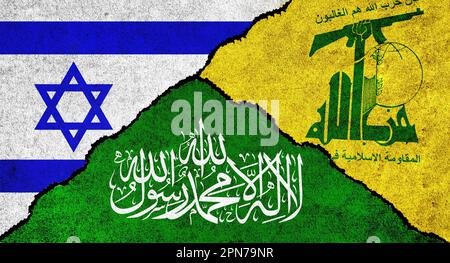 Hamas, Hisbollah und Israel führen gemeinsam auf einem strukturierten Hintergrund Flagge. Konfliktkonzept zwischen Israel, Hisbollah und Hamas Stockfoto