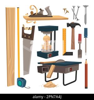 Verschiedene Werkzeuge für Vektorabbildungen in Holzarbeiten Stock Vektor