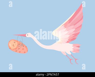 Fliegender Storch, der das Baby in seinem Schnabelvektor trägt Stock Vektor