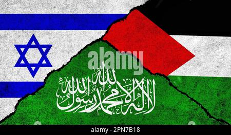 Palästina, Hamas und Israel führen gemeinsam auf einem strukturierten Hintergrund Flagge. Konfliktkonzept zwischen Israel, Hamas und Palästina Stockfoto