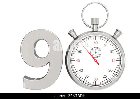 Stoppuhr aus Metall isoliert für Nr. 90, 3D-Rendering Stockfoto