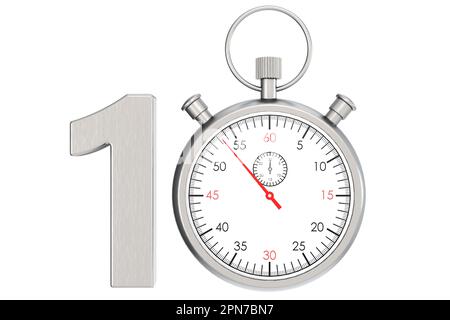 Stoppuhr aus Metall isoliert für Nr. 10, 3D-Rendering Stockfoto