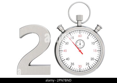 Stoppuhr aus Metall isoliert für Nr. 20, 3D-Rendering Stockfoto